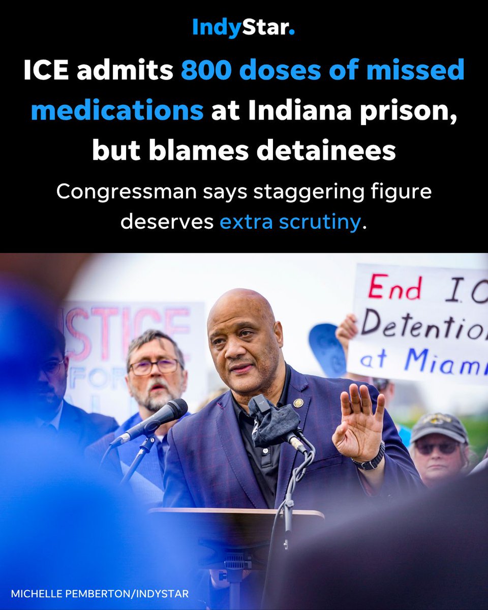 indystar's tweet photo. Detainees at Indiana's largest immigration detention center did not receive 800 doses of medication they were prescribed, federal immigration officials have acknowledged: https://t.co/wFw5j3dS2S https://t.co/4iAXdXWAEm