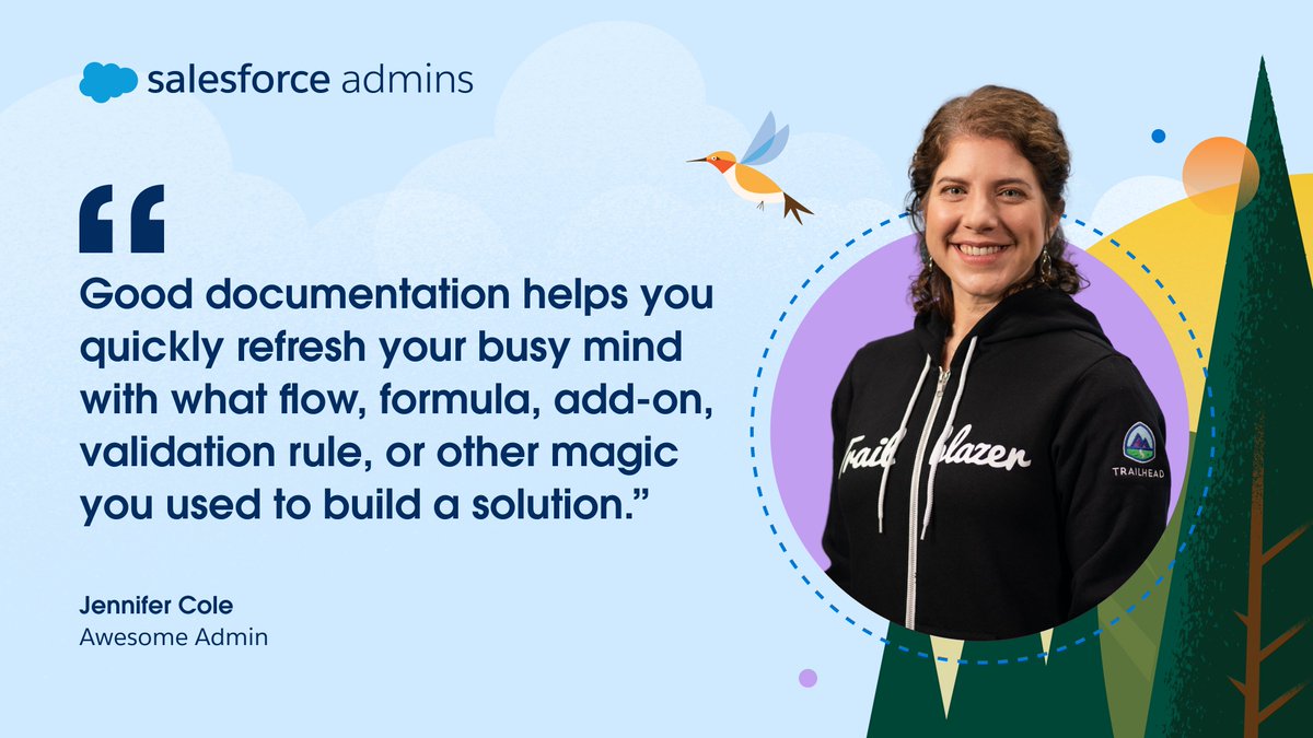 SalesforceAdmns's tweet photo. The best Salesforce solutions are built to last. Documentation is how they do. 📝

As your org evolves with new features, automations, and AI, clear documentation helps every improvement start from a place of understanding.

Learn how #AwesomeAdmin Jennifer Cole documents her org: https://t.co/0cXvAWi8Gx