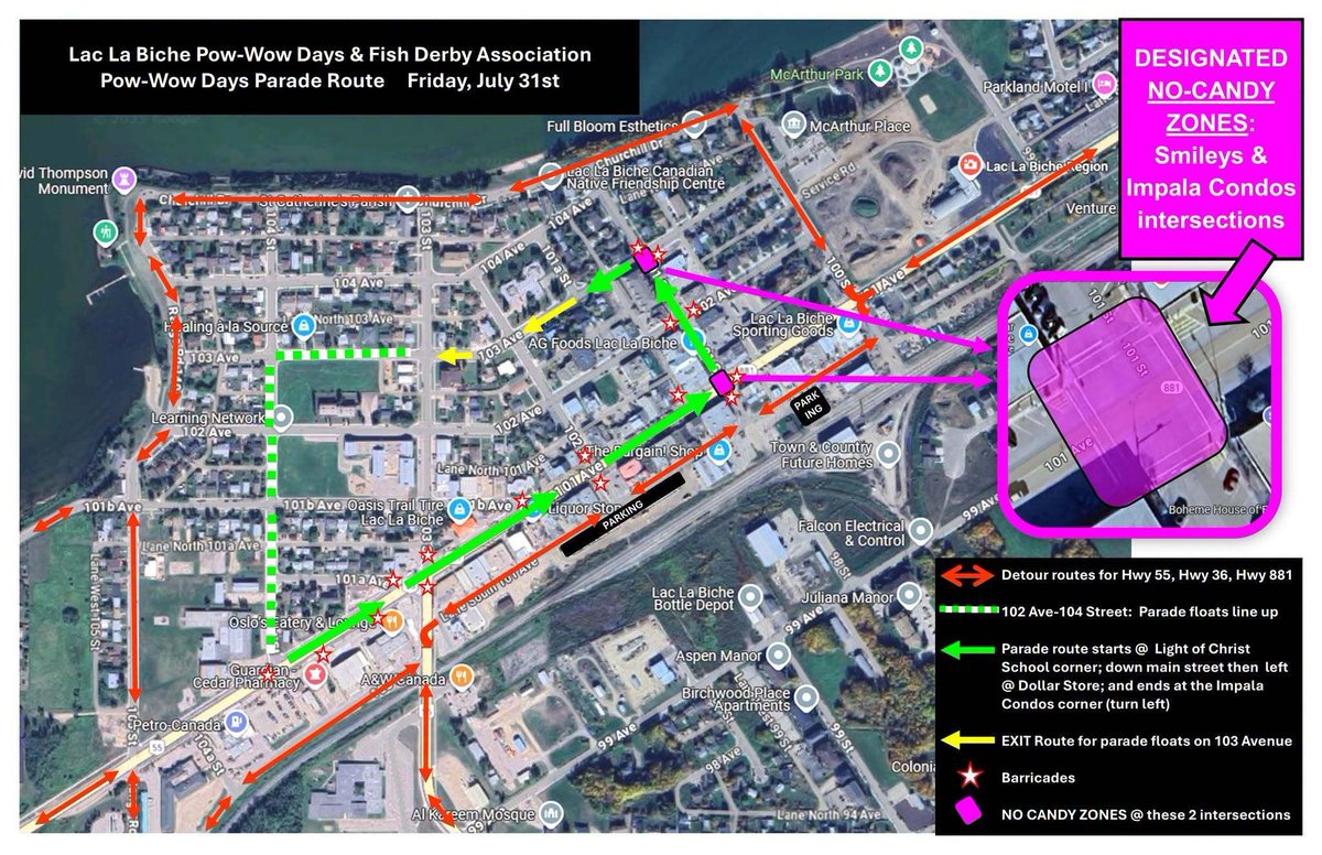 BrianJeanAB's tweet photo. The 2026 Lac la Biche Pow Wow Days Parade takes place on Friday!

The parade kicks off at 11a.m.  in downtown Lac la Biche, and it's always one of the highlights of the summer. 

Check out the parade route below 👇 
https://t.co/BjAjUHFDJk 

#LacLaBiche #PowWowDays #Alberta #CommunityFirst