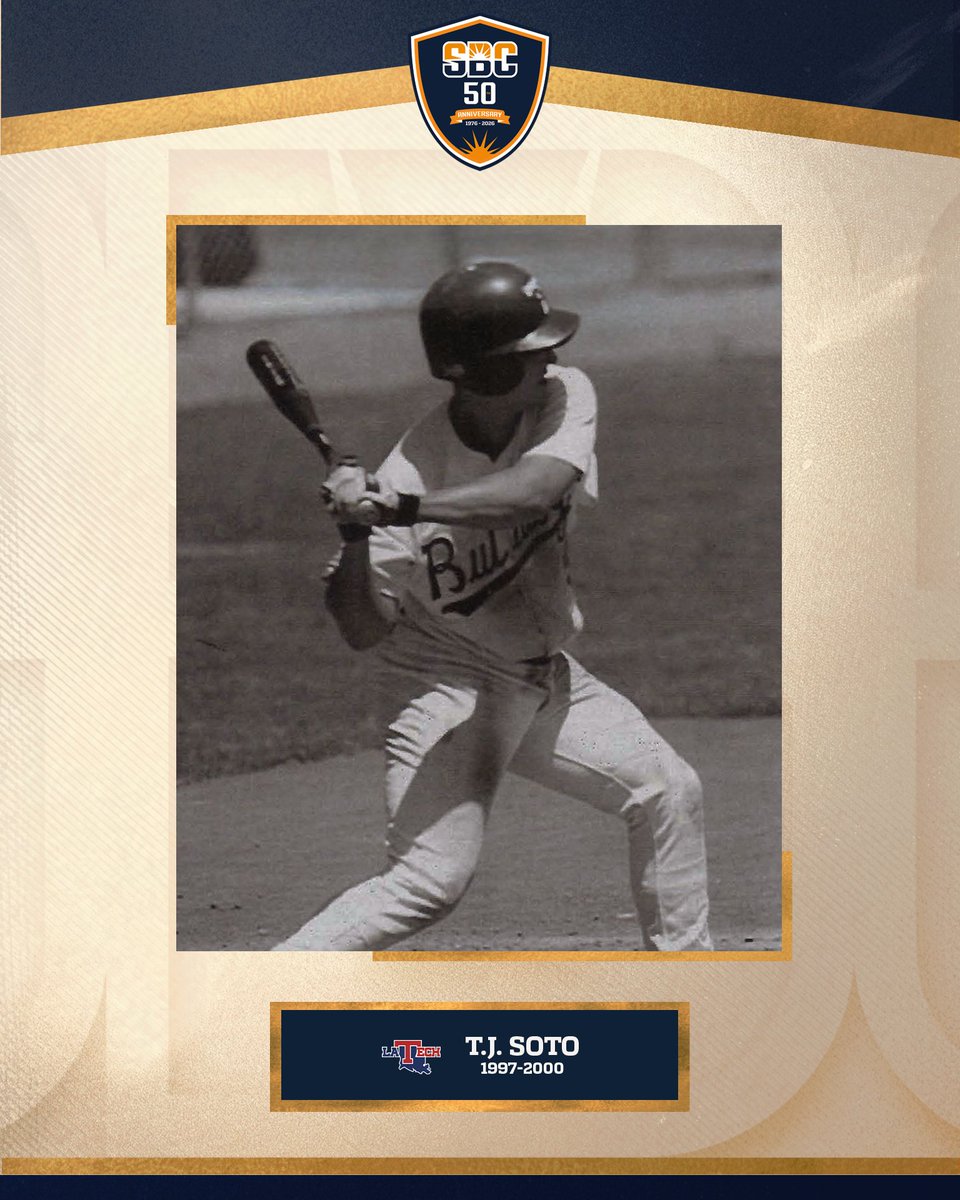 SunBelt's tweet photo. 𝗧.𝗝. 𝗦𝗢𝗧𝗢.

The 1997 Sun Belt Freshman of the Year & a multi-time All-Sun Belt pick, @LATechBSB's @tjsoto9 remains the Sun Belt career leader with 555 total bases & 72 home runs & won the inaugural @NCAABaseball Home Run Derby in Omaha in 2000. ☀️⚾️

#SunBeltBSB | #SunBeltat50