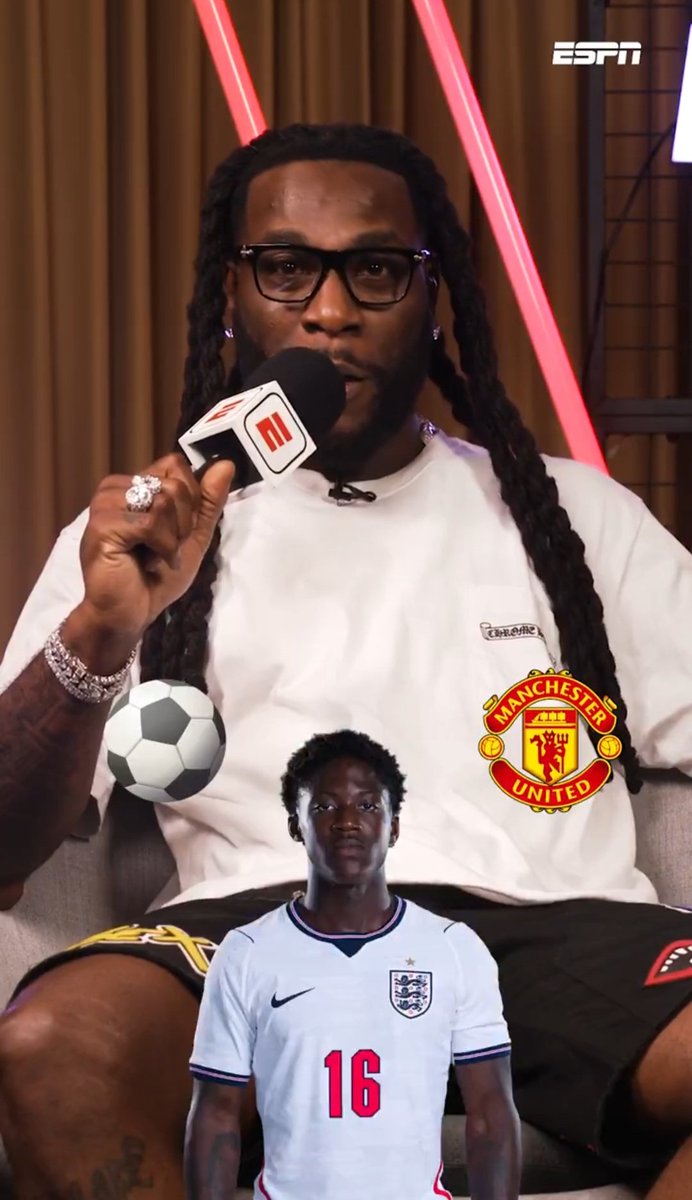 SimplyUtd's tweet photo. 📸 Best football club?

🗣Burna Boy: "United"

Best Manchester United player

🗣 Burna Boy : "Kobbie Mainoo"

[@ESPNUK] https://t.co/hJiCOhE5YA