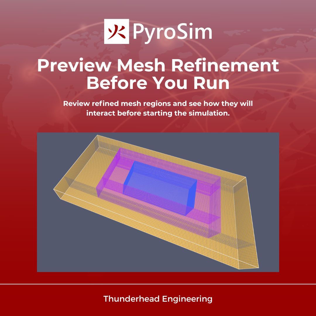 thunderheadeng's tweet photo. Mesh Refinement Zones help focus mesh resolution where it is needed most.

With PyroSim, users can now preview mesh refinement and review how zones interact before running a simulation.

#pyrosim #firesimulation #fds #cfd #engineeringsoftware https://t.co/yI3mGvfuwM