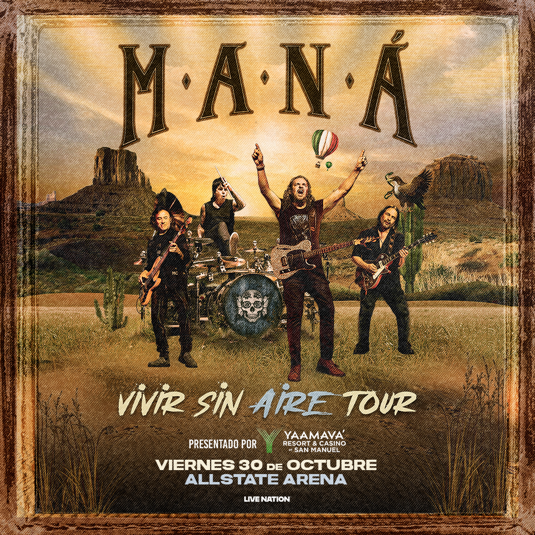 AllstateArena's tweet photo. Feel the rock en español 🎸🔥 MANÁ brings the Vivir Sin Aire Tour to Allstate Arena on Friday, October 30—iconic hits, passion, and an unforgettable night 🎶✨ #Mana #RockEnEspanol #AllstateArena https://t.co/qFE0gzLFwa