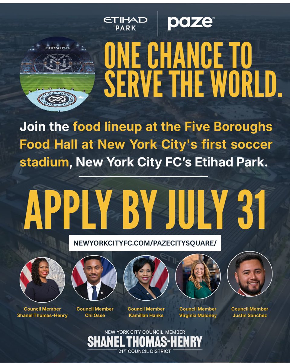 BrooklynChamber's tweet photo. Calling all NYC food entrepreneurs! Applications close  TOMORROW  for 10 local small businesses to join the Five Boroughs Food Hall at Etihad Park! ⚽
Showcase your brand at NYC’s newest sports &amp; entertainment destination.

🔗 Apply now: https://t.co/KgKUCxuonW https://t.co/H83j02OE6Z