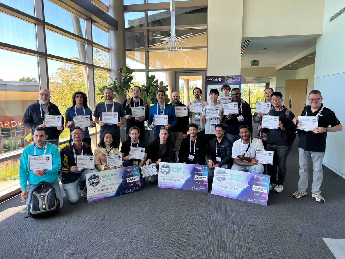 VSLive's tweet photo. Congratulations to the winners of the VSLive! Microsoft AI Hackathon! 🎉

Over two evenings, competitors pushed their creativity, collaboration &amp; technical skills to build innovative AI solutions using Microsoft tech.

#VSLive #Microsoft #MicrosoftHQ #Hackathon #AI #AIDevelopment https://t.co/9yCbkAfrXk