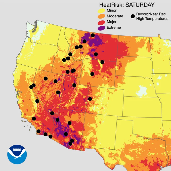 NOAA HeatRisk map for Saturday across the western United States. Extreme HeatRisk (purple) is concentrated across portions of central Idaho, the Sierra Nevada and interior California, southern Nevada, western and central Arizona, and parts of western Utah, indicating the highest level of heat impacts. Major HeatRisk (red) surrounds these areas across much of California, Nevada, Arizona, Utah, western Colorado, Wyoming, and Montana. Moderate HeatRisk (orange) extends across much of the Interior West, while Minor HeatRisk (yellow) reaches into the Pacific Northwest, Great Basin, northern Rockies, and central High Plains. Black dots mark locations forecast to experience record or near-record high temperatures, scattered from southern California and Arizona north through Nevada, Utah, Idaho, Montana, Wyoming, and Colorado.