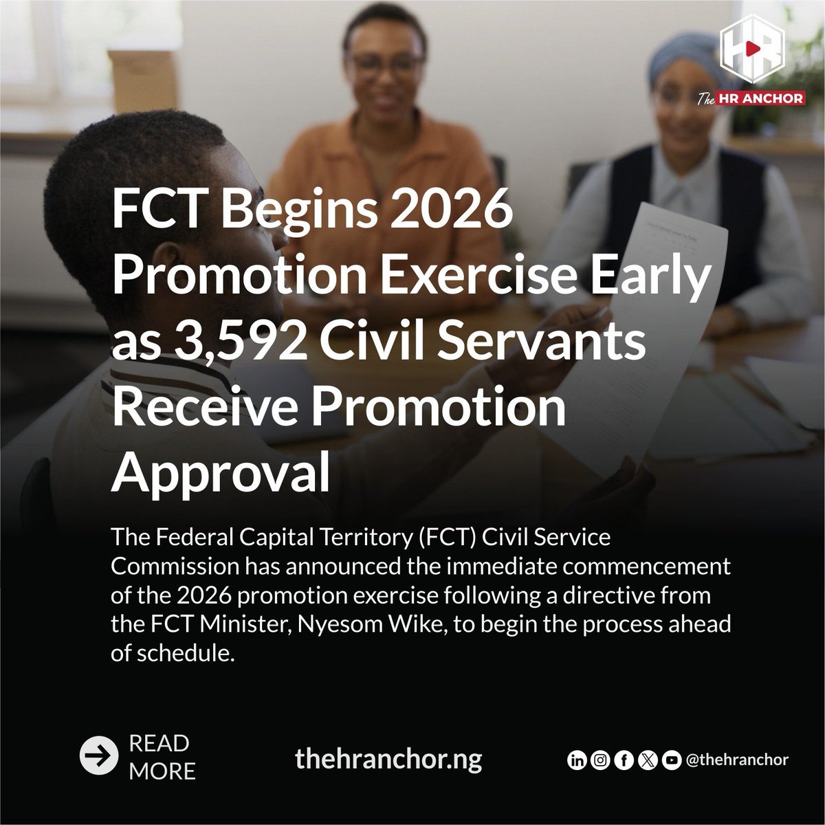 TheHRAnchor's tweet photo. FCT Begins 2026 Promotion Exercise Early as 3,592 Civil Servants Receive Promotion Approval
Read the full story here
https://t.co/QEzzB726Yl
#staffpromotion #civilservants #fct #thehranchor https://t.co/1X4QHijeC4