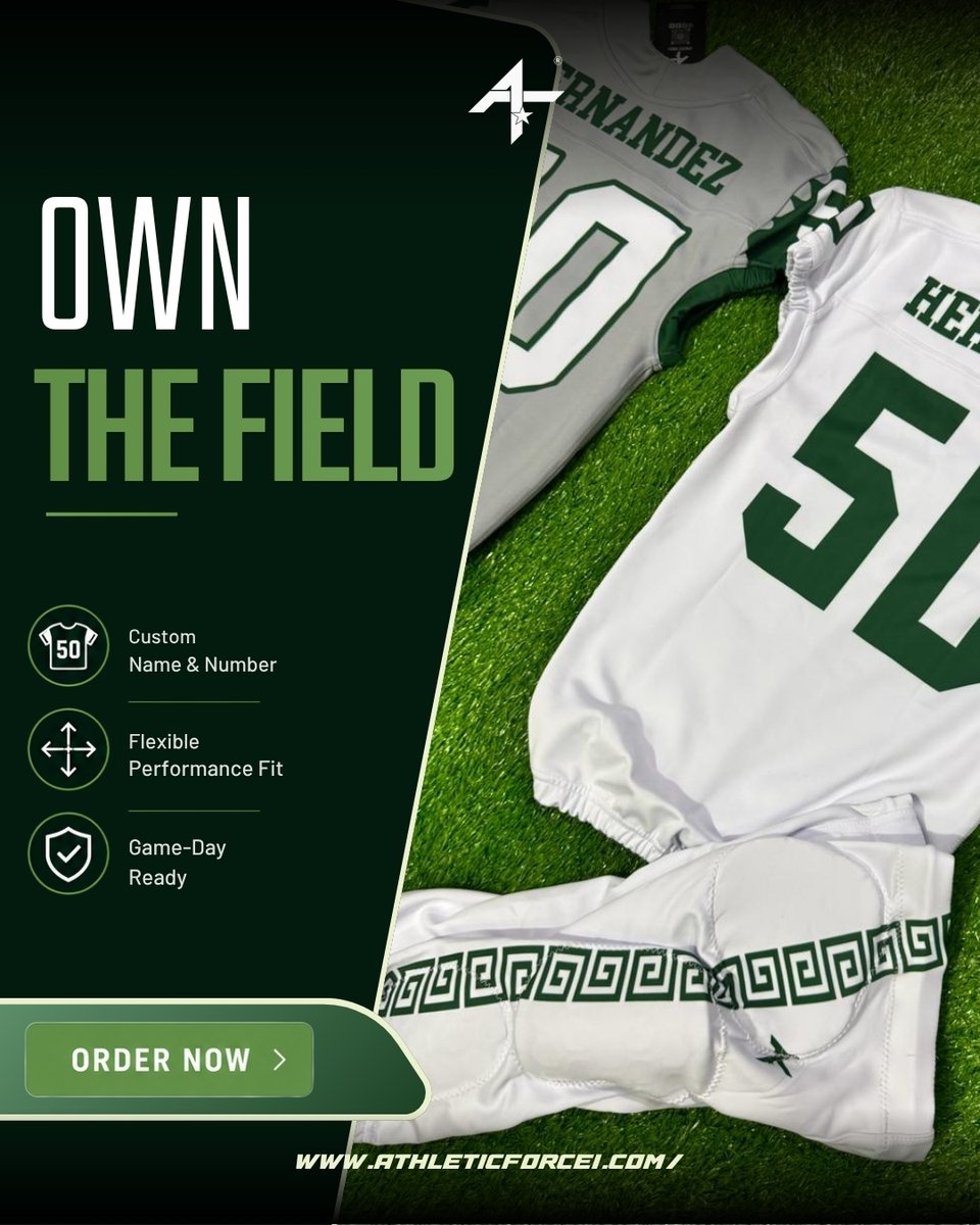 Athleticforce1's tweet photo. Own the field. Leave your mark.

Your team deserves more than a standard uniform.

Get custom football apparel with your team name, player name, and number—built for comfort, performance, and confidence on every snap.

#AthleticForce1 #FootballUniform #CustomFootball https://t.co/wAd8jflWCt