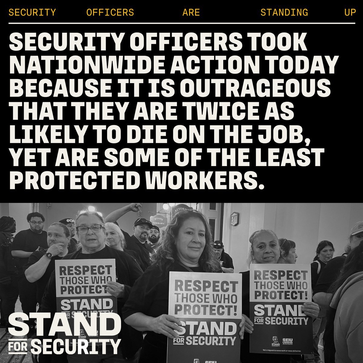 GoodAirports's tweet photo. A UC Berkeley study found that security officers are twice as likely to die on the job than other private sector workers, and nearly ⅔ of fatal injuries are a result of assault. We took action today to demand more from an industry that asks so much of us. #StandforSecurity https://t.co/KSEZgKnutS