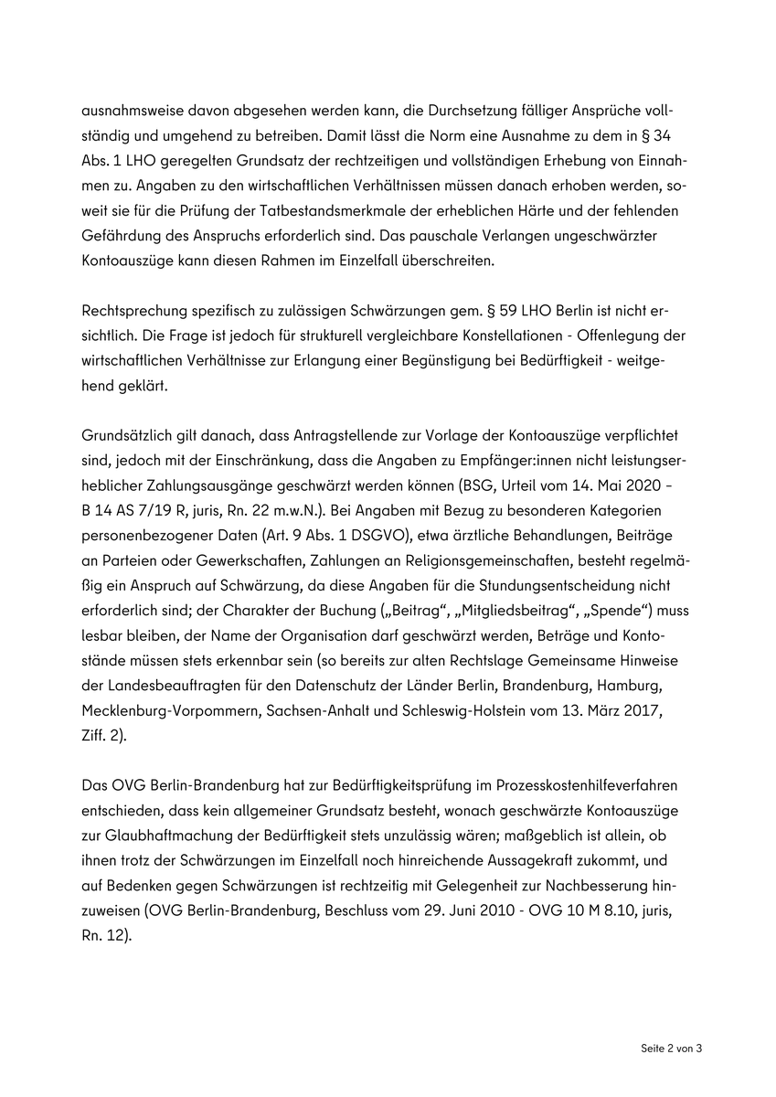 koepernick's tweet photo. Strukturelles #Datenschutzproblem bei der Kosteneinziehungsstelle der Justiz (#KEJ) Berlin: Die KEJ verlangt bei Anträgen auf Stundung von Kostenforderungen pauschal „ungeschwärzte Kontoauszüge“ – das darf sie nicht!

Zudem kommt die Behörde ihren Informationspflichten nach DSGVO nicht nach. Die Berliner Beauftragte für Datenschutz und Informationsfreiheit (#BlnBDI) hat die KEJ nun darauf hingewiesen, dass die Möglichkeit besteht, gegebenenfalls aufsichtsrechtliche Maßnahmen gegen sie zu verhängen.

Praktische Bedeutung: Wer bei der KEJ eine #Ratenzahlung beantragt, darf nicht pauschal verpflichtet werden „ungeschwärzte #Kontoauszüge“ einzureichen – sensible Daten dürfen geschwärzt werden. Lehnt die KEJ Anträge deshalb ab, so dürfte dies rechtswidrig sein.

Besonders brisant: Typischerweise betrifft es Rechtsunkundige in #Notlagen, die der Macht der KEJ hilflos ausgeliefert sind.

Das KEJ-Formular „Erklärung über die persönlichen und wirtschaftlichen Verhältnisse“ hat weitere Schwächen, an die ich die BlnBDI noch einmal erinnern werde. Auch eine Bewertung meiner Idee zur zeitlichen Anonymisierung und kategorisierten Aggregation von Kleinstbeträgen ist noch offen.