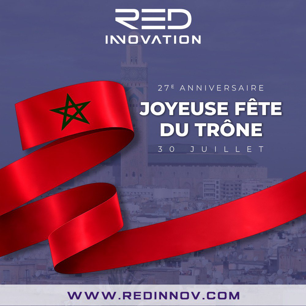 redinnovcom's tweet photo. 🇲🇦 Joyeuse Fête du Trône ! 

En ce 30 juillet, RED INNOVATION célèbre avec fierté le 27e anniversaire de la Fête du Trône. Nos meilleurs vœux de paix, de réussite et d'innovation à Sa Majesté le Roi Mohammed VI et à tout le peuple marocain. 

#RedInnovation #FeteDuTrone #Maroc https://t.co/XtPNh3lqLe