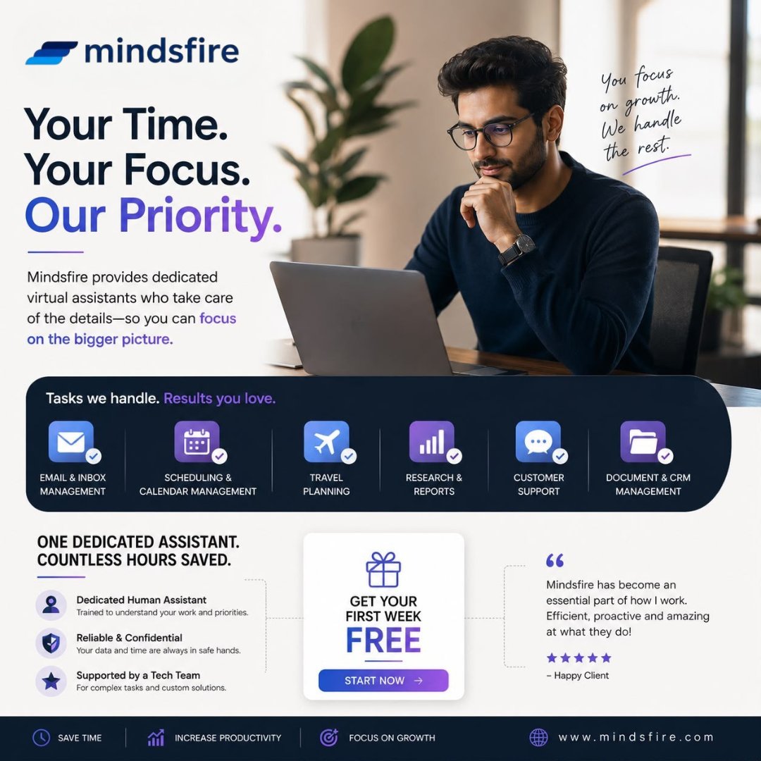 mindsfirehq's tweet photo. Less busywork. More growth. 🚀
Let Mindsfire handle the details while you focus on scaling your business. Get your first week FREE today!
#Mindsfire #VirtualAssistant #BusinessGrowth #Productivity #OutsourceSmart #FocusOnGrowth https://t.co/vZy18SfyUa