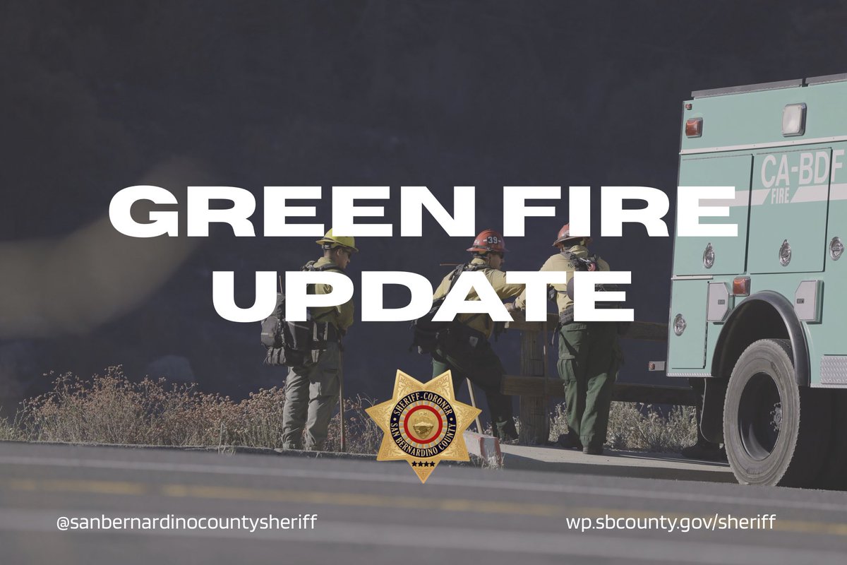 sbcountysheriff's tweet photo. July 30, 2026- Green Fire Update
The Green Fire is still at 55 acres with 33% containment.
The Evacuation Warning remains in effect.
Mountain Home Village remains under an evacuation warning.
We will continue to keep you updated. If anything changes. Please follow our social media pages for the latest green fire updates.