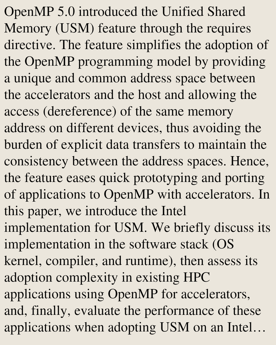 CSPerfPapers's tweet photo. Unified Shared Memory in OpenMP: Implementation, Programmability, and Performance on Intel Accelerators

Harald Servat, François Dugast, Alejandro Duran, Abhinav Gaba, Rakesh Krishnaiyer
https://t.co/CxEIJzfFiw [𝚌𝚜.𝙿𝙵 𝚌𝚜.𝙳𝙲] https://t.co/OHTpQUiQYe