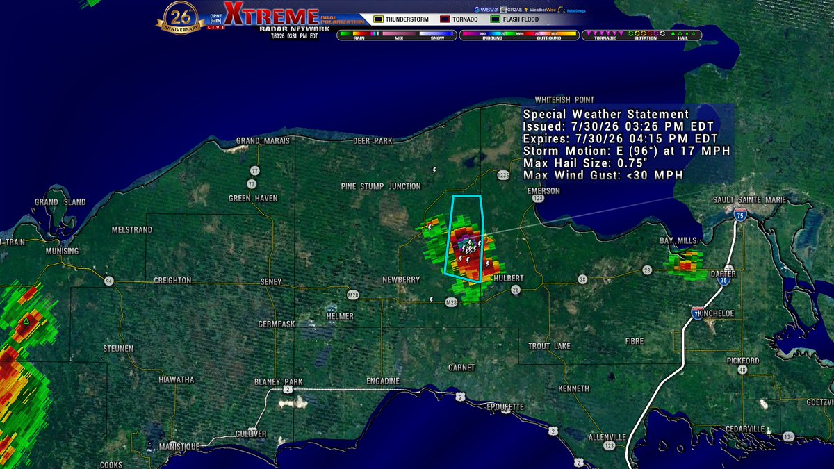 dpnf01's tweet photo. SWS for E Central Luce Co until 415p. Doppler is tracking a strong thunderstorm 8 miles NW of Hulbert, moving E at 15mph. Penny size hail being the main threat with this cell. https://t.co/xix1UgrejK