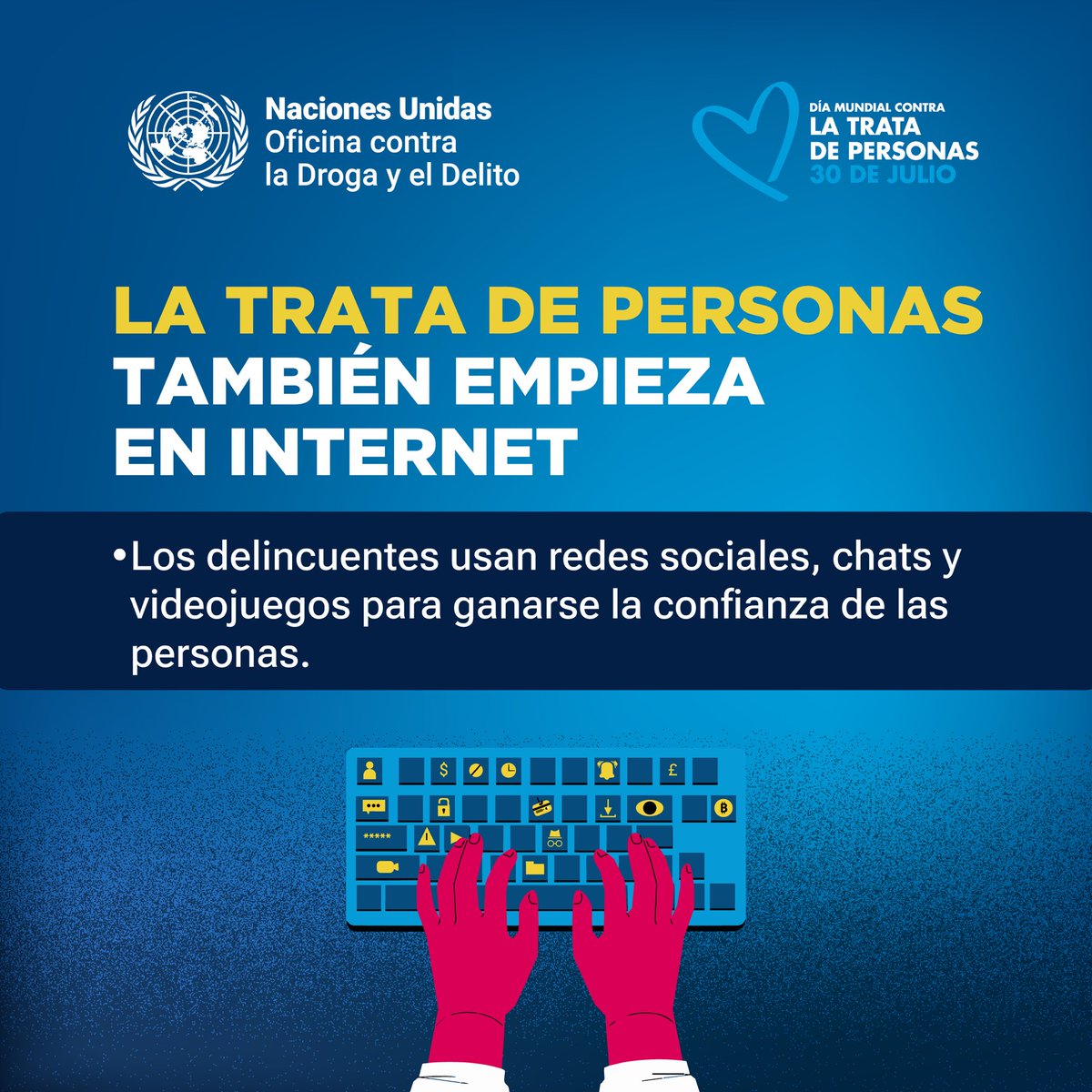 UNODCROCOL's tweet photo. ¿Y si el estafador también es una víctima? 💔 Detrás de muchos fraudes en línea hay redes de trata de personas. Miles son encerrados en centros de estafas y obligados a delinquir. 

En el Día Mundial contra la Trata de Personas, visibilicemos el lado oculto del cibercrimen. 💙 https://t.co/XuT0NiioXC