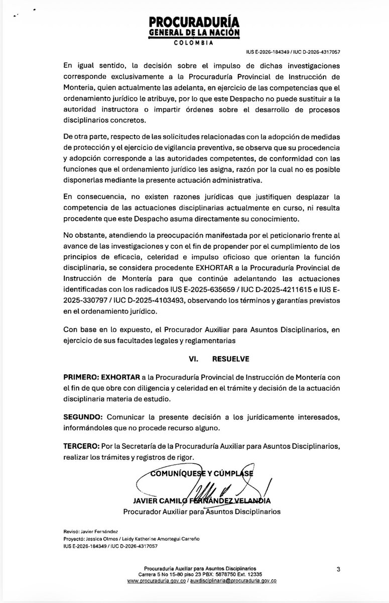 sunetcolofc's tweet photo. #ATENCIÓN @PGN_COL confirmó que las investigaciones disciplinarias por los hechos denunciados en @TierraltaCor ya están en curso y exhortó a la Procuraduría Provincial de Montería a impulsarlas con diligencia y celeridad. En @sunetcolofc seguiremos haciendo seguimiento al proceso https://t.co/63uKei6acy