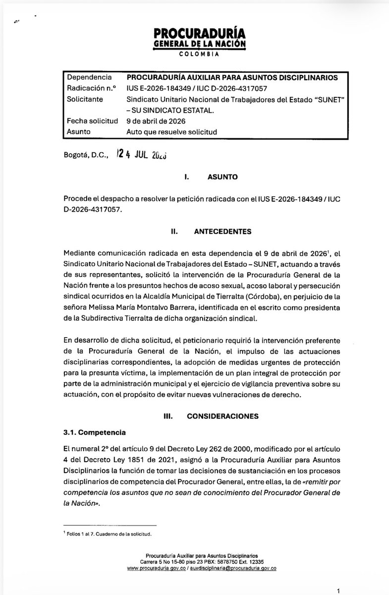 sunetcolofc's tweet photo. #ATENCIÓN @PGN_COL confirmó que las investigaciones disciplinarias por los hechos denunciados en @TierraltaCor ya están en curso y exhortó a la Procuraduría Provincial de Montería a impulsarlas con diligencia y celeridad. En @sunetcolofc seguiremos haciendo seguimiento al proceso https://t.co/63uKei6acy