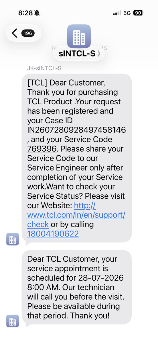 salmanfarq's tweet photo. @tcl_india What is going on? I raised a complaint on 28th July for my TV issue. Your service engineer kept saying he’d visit today but never showed up. Then I received a message saying my request was cancelled due to “wrong information.” This is unacceptable. @jagograhakjago https://t.co/YEHYfQo1ma