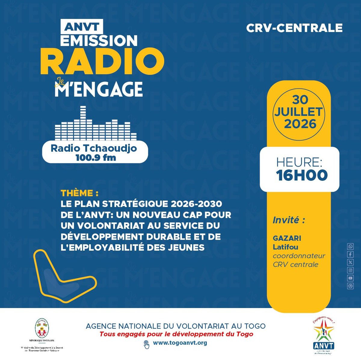 anvt_togo's tweet photo. Le CRV C vous donne rendez-vous ce 30 juillet sur les ondes de la Radio Tchaoudjo la 100.9 FM, dans le cadre de son émission mensuelle "Je M'engage" à partir de 16 h 00.
Le thème qui fera objet de cette émission est : Le Plan stratégique 2026- 2030 de l'ANVT
#Emission
#ANVT https://t.co/dCWxUJ7YvB
