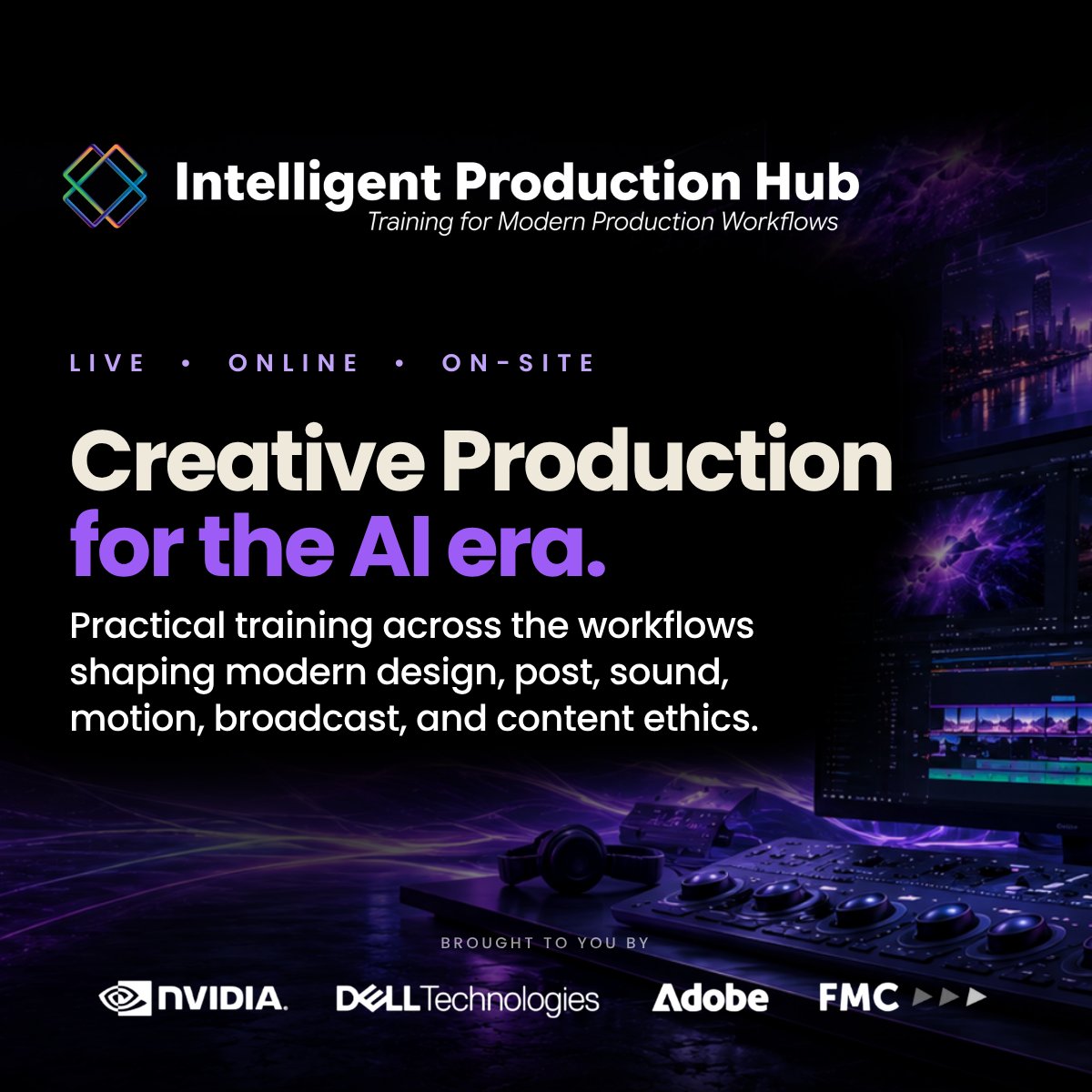FMC_Conferences's tweet photo. Creative Production on the Intelligent Production Hub: role-specific AI training for editing, VFX, sound, design, and broadcast. Two hours each, live and online.
Find the one for your role. #CreativeProduction #AIWorkflows https://t.co/mdJ0JdXKH1