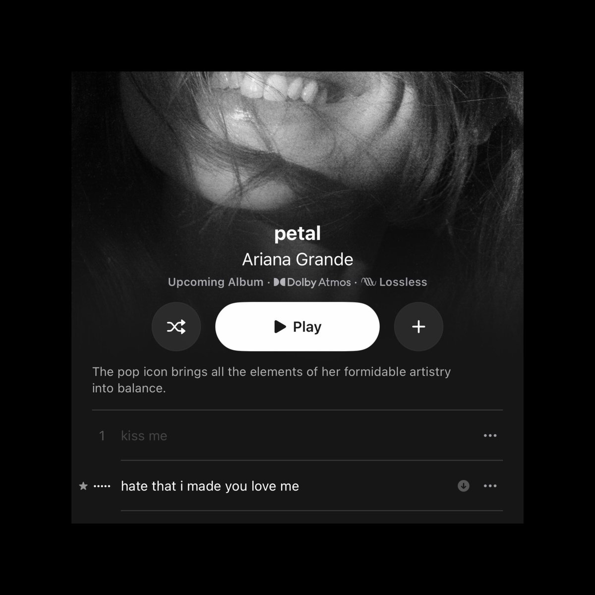 HitsAndCharts's tweet photo. Apple Music shares a description for Ariana Grande’s upcoming album 'petal':

“The pop icon brings all the elements of her formidable artistry into balance” https://t.co/LdmaftWF12