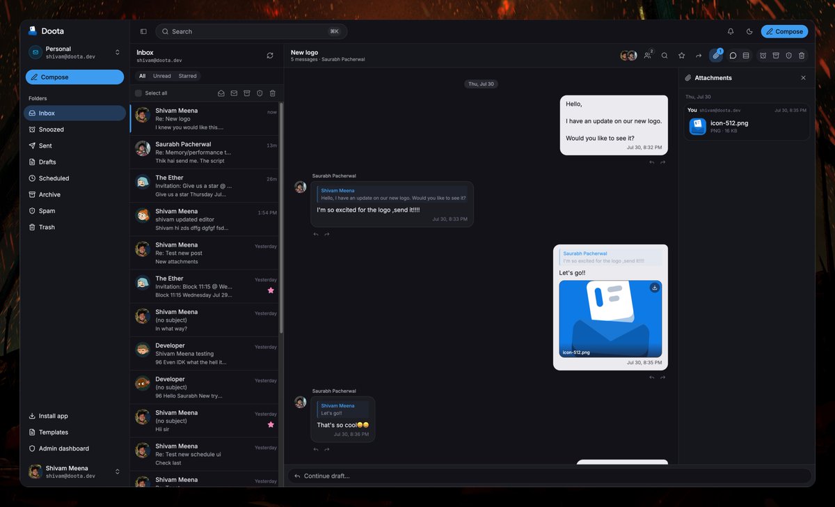 theether0's tweet photo. The UI/UX - Svelte/kit &amp; ShadCN

What's new about mail?
- We do chat like interface instead of default long threads. 
- We do provide a list view for the mails (You choose.)
- Good to have features like quick access to attachments, internal notes in shared mailbox. https://t.co/wcpVB0ZqB8