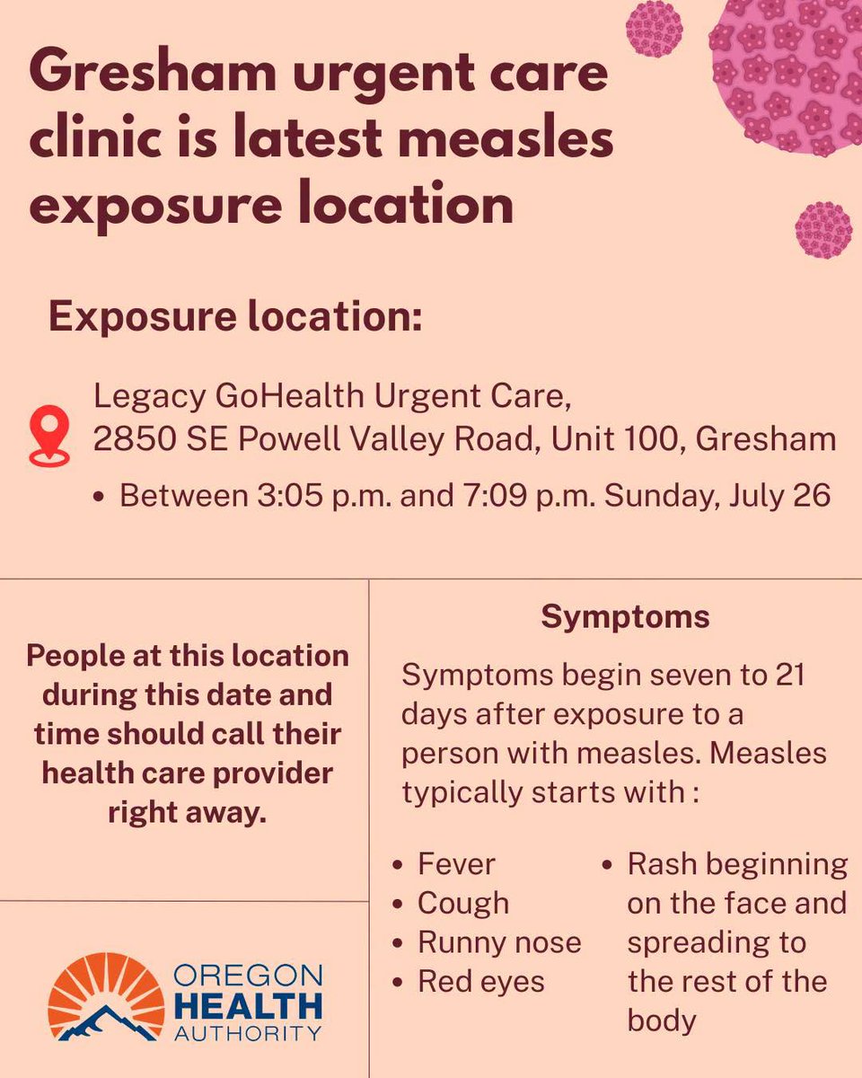 MultCoHealth's tweet photo. OHA and Multnomah County health officials are warning the public about a location where people may have been exposed to measles.

People might have been exposed if they were at the following location at this date and time:
• Legacy GoHealth Urgent Care, 2850 SE Powell Valley Road, Unit 100, Gresham, between 3:05 p.m. and 7:09 p.m. Sunday, July 26

Measles is very contagious. If you believe you’ve been exposed, it’s important to tell your doctor or clinic that you have symptoms of measles before you go. They will give you instructions for what to do so that you don’t spread measles.

The best protection against measles is the MMR (measles-mumps-rubella) vaccine. See less