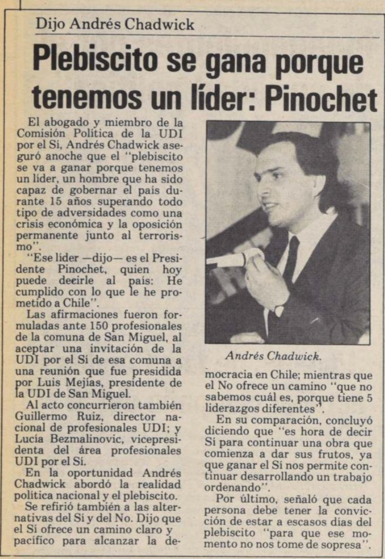 fotohistoriacl's tweet photo. Andrés Chadwick, 30 de julio de 1988.

Un día como hoy, hace 38 años.

"Plebiscito se gana porque tenemos un líder: Pinochet". https://t.co/2XK5r7DjDH