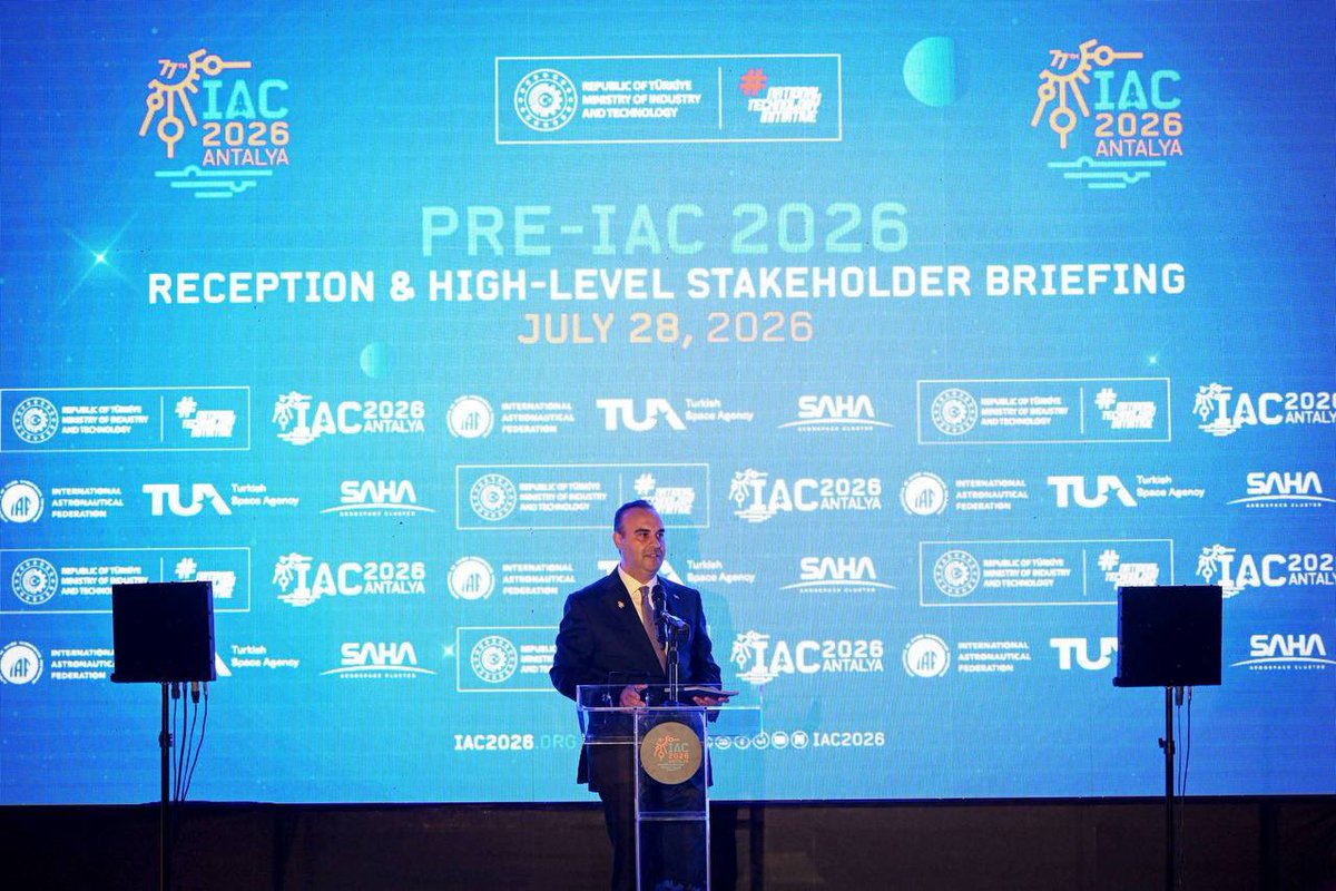tuajans's tweet photo. 🛰️ Türkiye IAC 2026 ile Küresel Uzay Ekosistemini Ağırlamaya Hazırlanıyor

@TCSanayi Bakanımız Sayın @mfatihkacir’ın ev sahipliğinde 77. Uluslararası Uzay Kongresi (IAC 2026) Tanıtım Resepsiyonu gerçekleştirildi.

5–9 Ekim 2026 tarihlerinde Antalya’da düzenlenecek @IAC2026Antalya öncesinde gerçekleştirilen resepsiyonda, Ankara’da mukim büyükelçiler, yabancı misyon ve uluslararası kuruluş temsilcileri ile TBMM Dışişleri Komisyonu Başkanı Sayın @fuatoktay ve milletvekilleri bir araya geldi.

100’den fazla ülkeden 10 bini aşkın katılımcıyı Antalya’da buluşturacak IAC 2026 ile Türkiye, küresel uzay ekosisteminin en önemli buluşmalarından birine ev sahipliği yapmaya hazırlanıyor. 🚀🇹🇷
