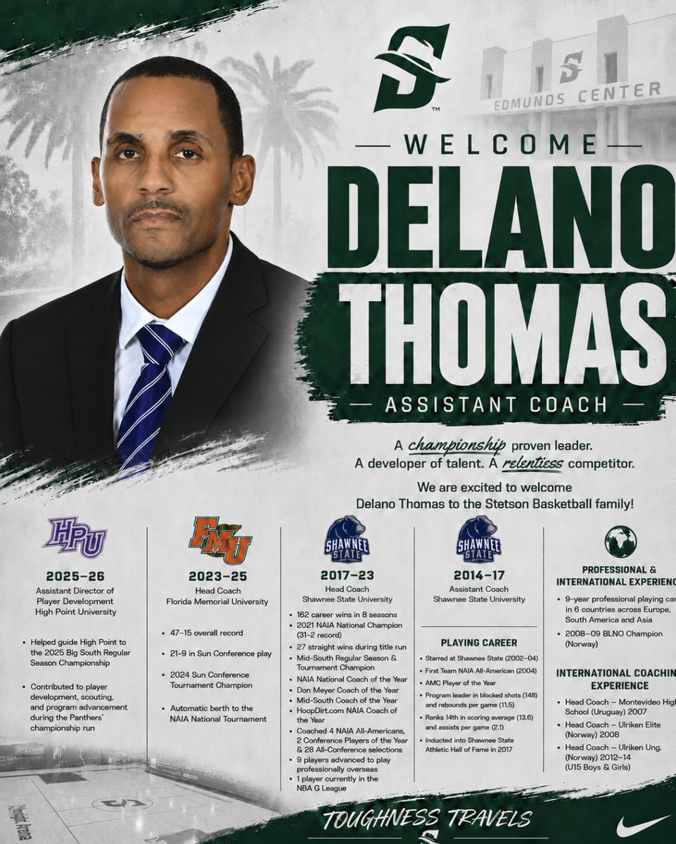 StetsonMBB's tweet photo. 𝗔 𝗰𝗵𝗮𝗺𝗽𝗶𝗼𝗻𝘀𝗵𝗶𝗽 𝗽𝗲𝗱𝗶𝗴𝗿𝗲𝗲!

Please join us in welcoming Delano Thomas to the Stetson Men's Basketball coaching staff!

🔗https://t.co/LbnjzUmEO5

#GoHatters | #AllHats | @StetsonHatters https://t.co/G0AzAeAsnc