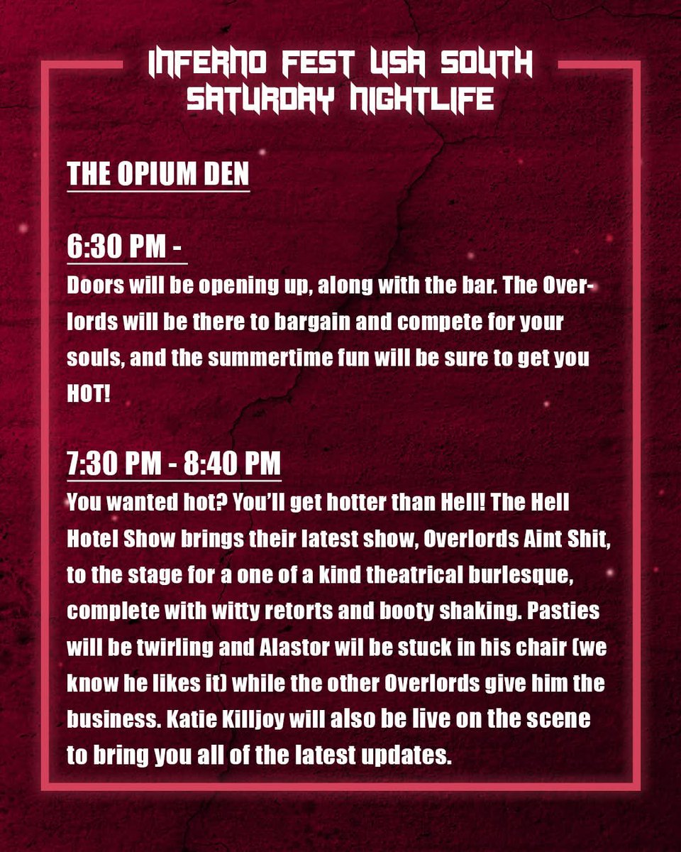 Infernofestintl's tweet photo. 🇺🇸 IF SOUTH🇺🇸

And finally, check out part 2 of our Saturday Nightlife schedule!

Join us, @ericschwartz and Georgie Leahy as we party the night away at The Opium Den!

Grab your tickets now at:

https://t.co/br3tvdwQX1

#infernofest #infernofestusa #hazbinhotel #helluvaboss https://t.co/3lOcu2DCbY
