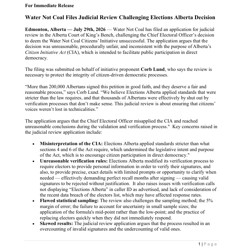 cspotweet's tweet photo. NEW: 

Corb Lund officially files a judicial review challenging the Chief Electoral Officer’s decision  to deem the Water Not Coal Citizens’ Initiative unsuccessful. 

The reasons? He argues the decision was unreasonable, procedurally unfair, and inconsistent with the purpose of Alberta’s  Citizen Initiative Act.