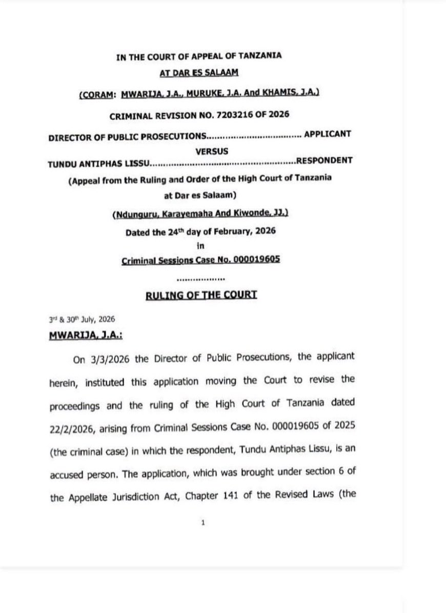 bizy94's tweet photo. ‼️🚨 🔥#BREAKING NEWS!!! COURT OF APPEAL CRUSHES THE DPP!!! 🚨‼️
DPP’S REVIEW APPLICATION THROWN OUT LIKE GARBAGE!!!
 
Today, 30 July 2026, the Court of Appeal of Tanzania has SLAMMED THE DOOR in the face of the Director of Public Prosecutions (DPP) and COMPLETELY DISMISSED his application for review in the Tundu Lissu case!!! @TunduALissu 
They said ABSOLUTELY NOT!!!