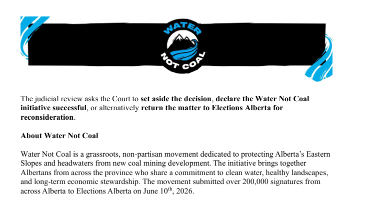 cspotweet's tweet photo. NEW: 

Corb Lund officially files a judicial review challenging the Chief Electoral Officer’s decision  to deem the Water Not Coal Citizens’ Initiative unsuccessful. 

The reasons? He argues the decision was unreasonable, procedurally unfair, and inconsistent with the purpose of Alberta’s  Citizen Initiative Act.