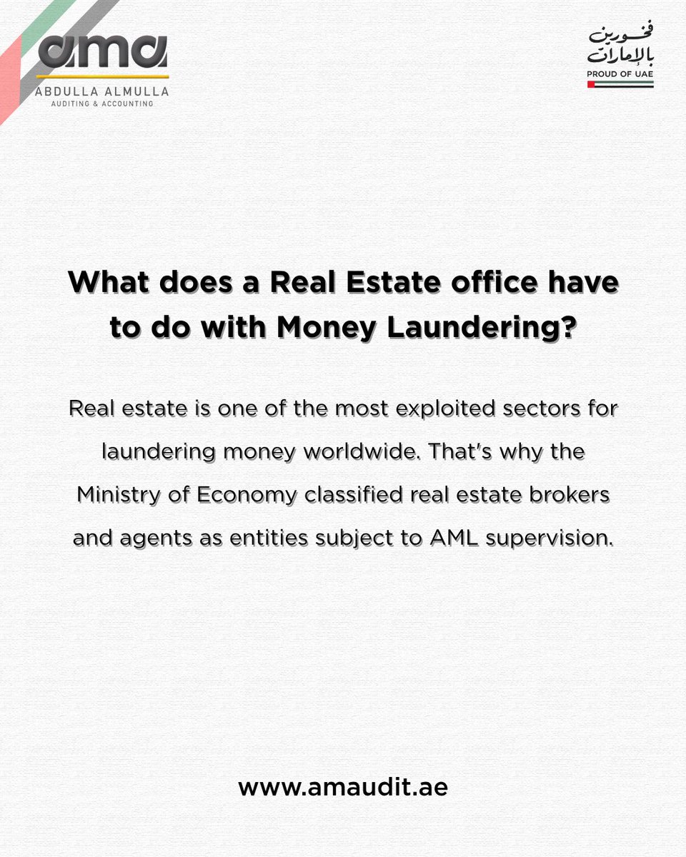 am_audit's tweet photo. Real estate firm not registered for AML? The fine can reach AED 1 million. 🏢

The UAE Ministry of Economy classifies real estate brokers and agents as entities subject to Anti-Money Laundering supervision — which means a copy of the client's ID is no longer enough.

You're expected to:
✔️ Identify the real owner behind every deal (Customer Due Diligence)
✔️ Verify the source of funds
✔️ Report any suspicious transaction — because failing to report is a violation in its own right
Compliance isn't red tape. It protects your licence, your reputation, and your business.

Talk to Abdulla Almulla Auditing & Accounting for clear, practical AML guidance.

📞 +971 4 323 1738 | 🌐 https://t.co/0RMR4IdYhA
