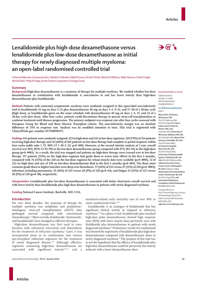 VincentRK's tweet photo. 3. The ECOG trial that showed that lowering the dose of dexamethasone in myeloma saves lives. @TheLancetOncol 2010

Randomized trial that helped my career the most. Design proposed by a patient advocate! We didn’t realize the 10% mortality in the first year following diagnosis that occurred in newly diagnosed myeloma due to Dex related toxicity until this trial. The trial was done in a narrow population with doublet regimen. But the results were compelling and welcomed by patients and physicians alike that it became standard across the board with all regimens and all settings. @Rfonsi1 

These type of randomized trials are only possible through @theNCI funded cooperative groups: @eaonc @SWOG @ALLIANCE_org 

Leadership of these trials requires investment of years participating in the group activities and perseverance.  Also skill and effort because every word of the protocol and paper you have to write.