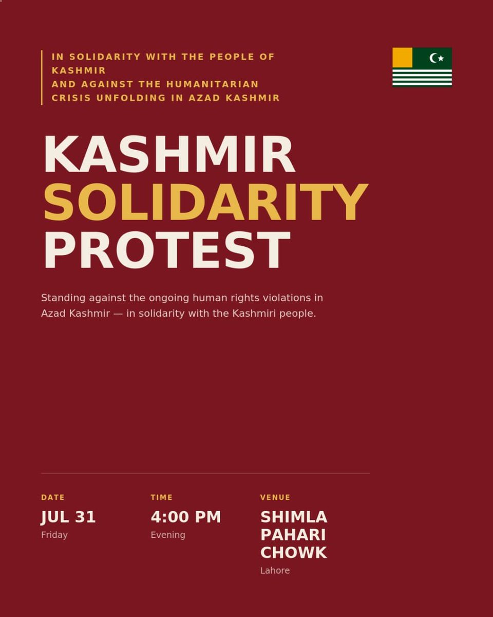 AuratMarch's tweet photo. 📢 JOINT CALL TO PROTEST FOR KASHMIR 📢
Progressive organizations in Lahore call for a protest in soldiarity with the people of Kashmir and their movement. We condemn, in the strongest possible terms, the state violence enacted against protesters in Kashmir. https://t.co/hA0A1H5dLD
