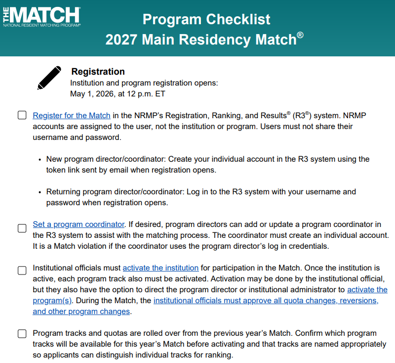 TheNRMP's tweet photo. Residency Programs! We have a step-by-step checklist with important events, deadlines, and milestones for you to successfully move through the #Match2027 process. https://t.co/ysRms9MZmr
#ResidencyProgram #ProgramCoordinator #ProgramDirector #ResidencyMatch #MedEd #NRMP https://t.co/Vf19yVTSeW
