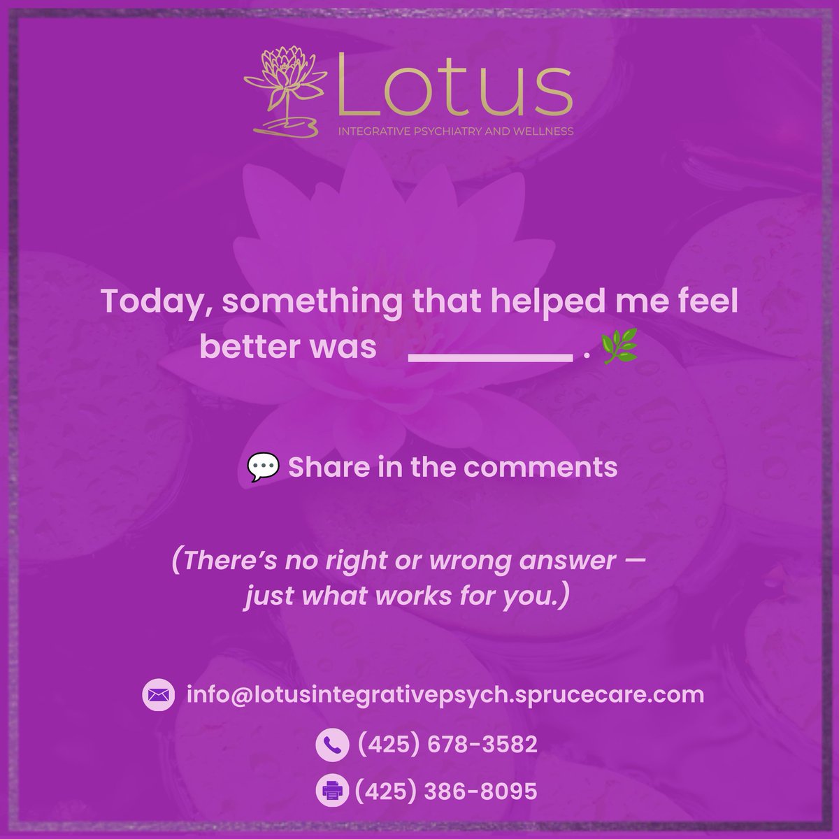 lotuspsych's tweet photo. Small moments can shift your day.
Today, something that helped me feel better was ______. 💬✨

#mentalhealth #washington #mentalhealthcare #mentalhealthawareness #mentalhealthservices #mentalhealthdisorders #oregon #mentalhealthmatters https://t.co/Pf2LisBGay