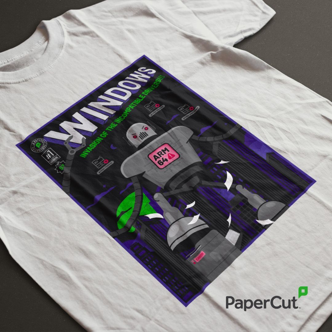 PaperCutDev's tweet photo. Just what every sysadmin deserves for International Sysadmin Day. A custom, one-of-a-kind PaperCut pulp-comic ARM64 tee. Because nobody understands the existential dread of an unidentified print driver quite like you.

We've got 10 up for grabs. Tell us in 25 words or less where you'd wear it and why.