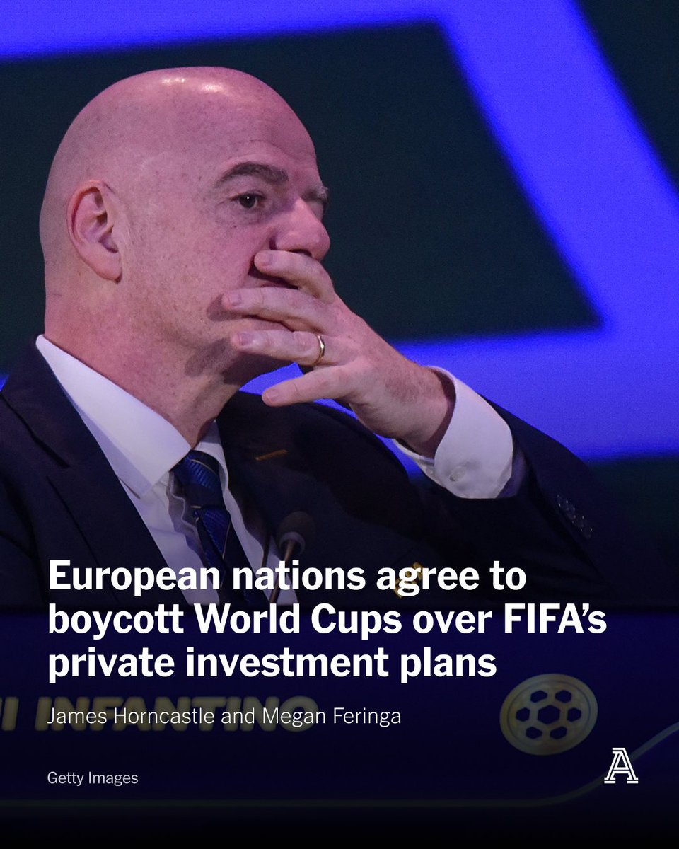 TheAthleticFC's tweet photo. European nations have agreed to boycott the World Cup over FIFA’s plans to sell stakes in the tournament to private investors.

The decision was taken at a virtual meeting of the 55 national associations which are members of UEFA, the European football confederation, on Thursday, according to sources with knowledge of the meeting.

The next World Cup in the calendar is the women’s edition in Brazil next summer, followed by the men’s tournament in Spain, Portugal and Morocco in 2030.

More from @JamesHorncastle & @megan_feringa 

🔗 https://t.co/HHwiQGw5mr