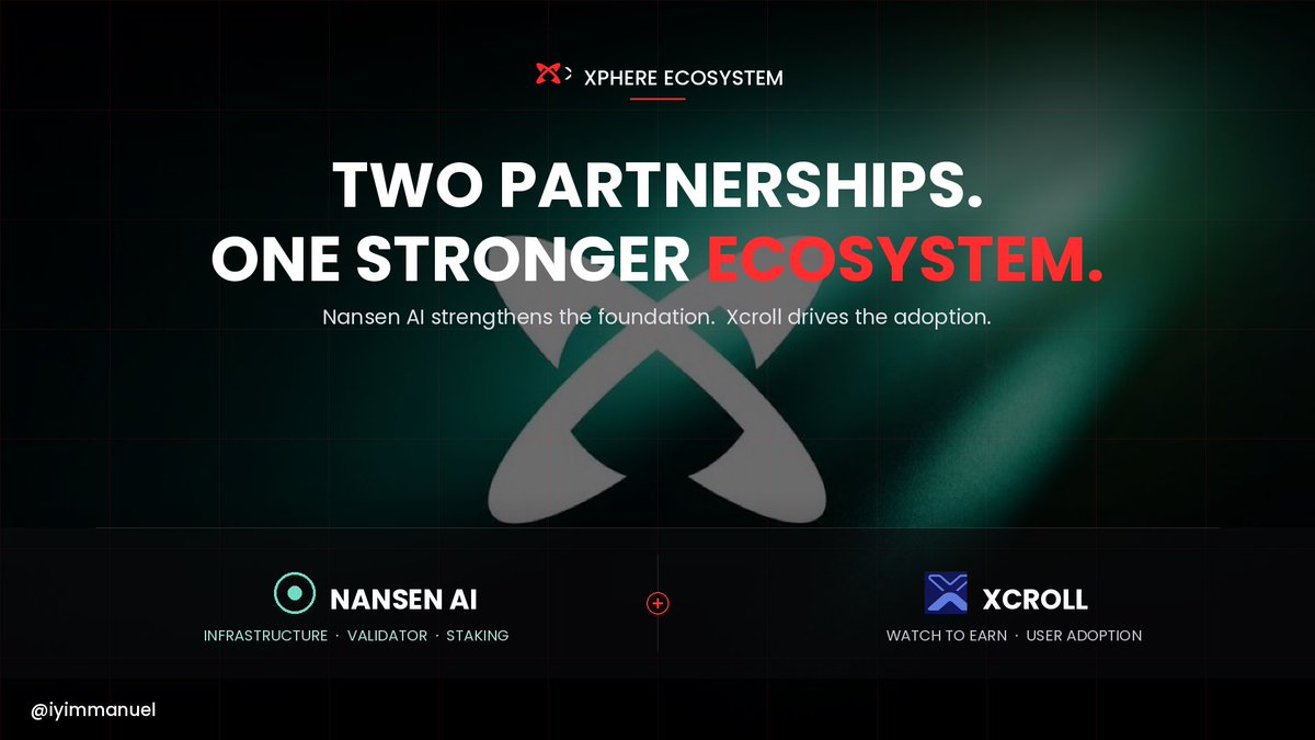 Iyimmanuel's tweet photo. Two strategic partnerships…One stronger Xphere ecosystem.

The strength of any blockchain isn’t determined by technology alone. It is built through the quality of the partners that choose to build, secure, and grow alongside it.

Recent developments within the @Xphere_official ecosystem perfectly illustrate this.

While one partnership focuses on strengthening the network’s infrastructure, the other focuses on expanding user adoption. Together, they create a healthier and more sustainable ecosystem.