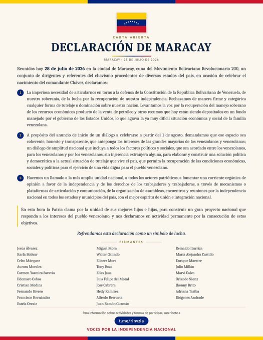 AREA58_Vzla's tweet photo. 🚨🇻🇪 “EL CHAVISMO YA NO SABE CÓMO ACTUAR”: 20 EXDIRIGENTES PUBLICAN LA “DECLARACIÓN DE MARACAY” Y PIDEN UNA SALIDA NEGOCIADA

https://t.co/RiUjQ2OhvL

#Venezuela #Maracay #Chavismo #Transición #Area58 https://t.co/SvkdvAymEy