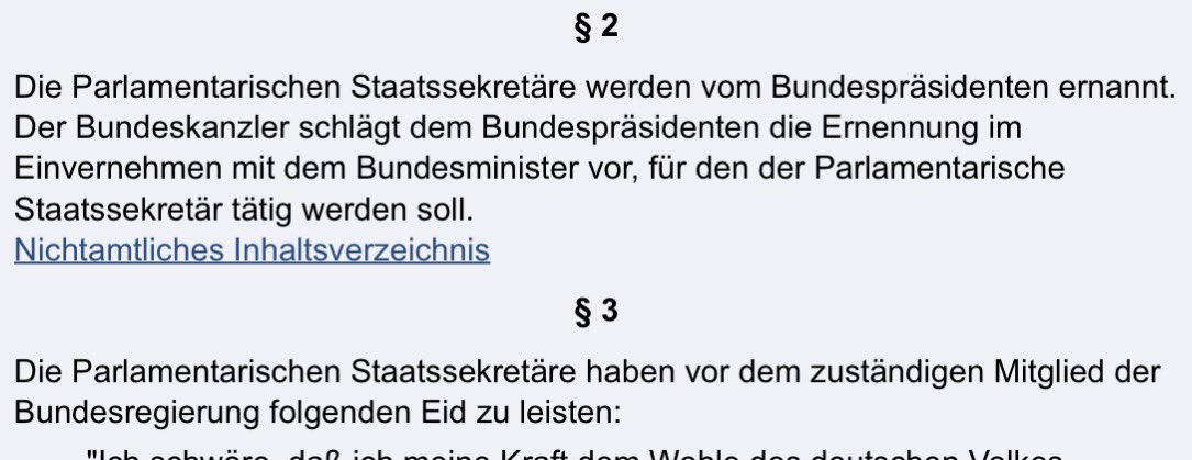 Jan_Lich's tweet photo. @eckilepsie @gitta_connemann Der Bundespräsident ernennt und erlässt (§ 4) den PSt auf Vorschlag des Bundeskanzlers. Der Bundesminister nimmt den Eid entgegen. 
Wer den Betroffenen über die Entscheidung des Bundeskanzlers informiert, regelt das Grundgesetz nicht. https://t.co/my75tKkaYQ