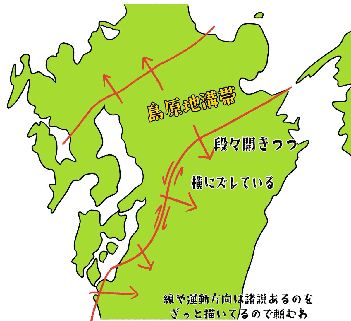 Hanamure_Honome's tweet photo. ・九州は外側に向かって開いていく力がずっと働いてる
・そのフチの断層が今回の断層
・長い時間で断層や亀裂が無数に地下にできてる
・久しぶりにこの断層は動いた（力がめちゃチャージされてる）

➔などで余震が多いけど
これだけでは説明しきれないと思う https://t.co/SMKM9Fhbl8
