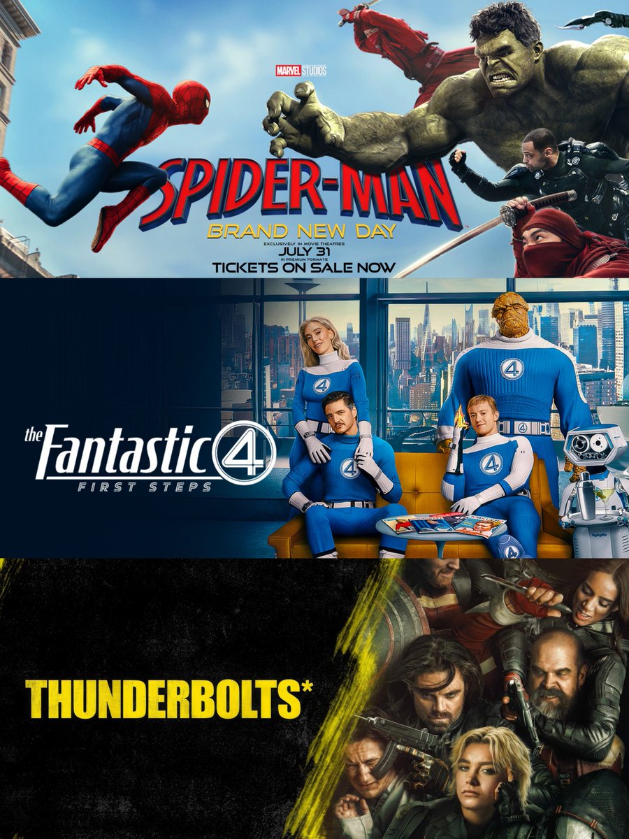 MCUFilmNews's tweet photo. Ratings for the last 3 MCU films on Rotten Tomatoes:

• Spider-Man: Brand New Day – 91% 🍅 | 98% 🍿

• The Fantastic Four: First Steps – 86% 🍅 | 90% 🍿

• Thunderbolts – 88% 🍅 | 93% 🍿 https://t.co/TdTU6gHyFw
