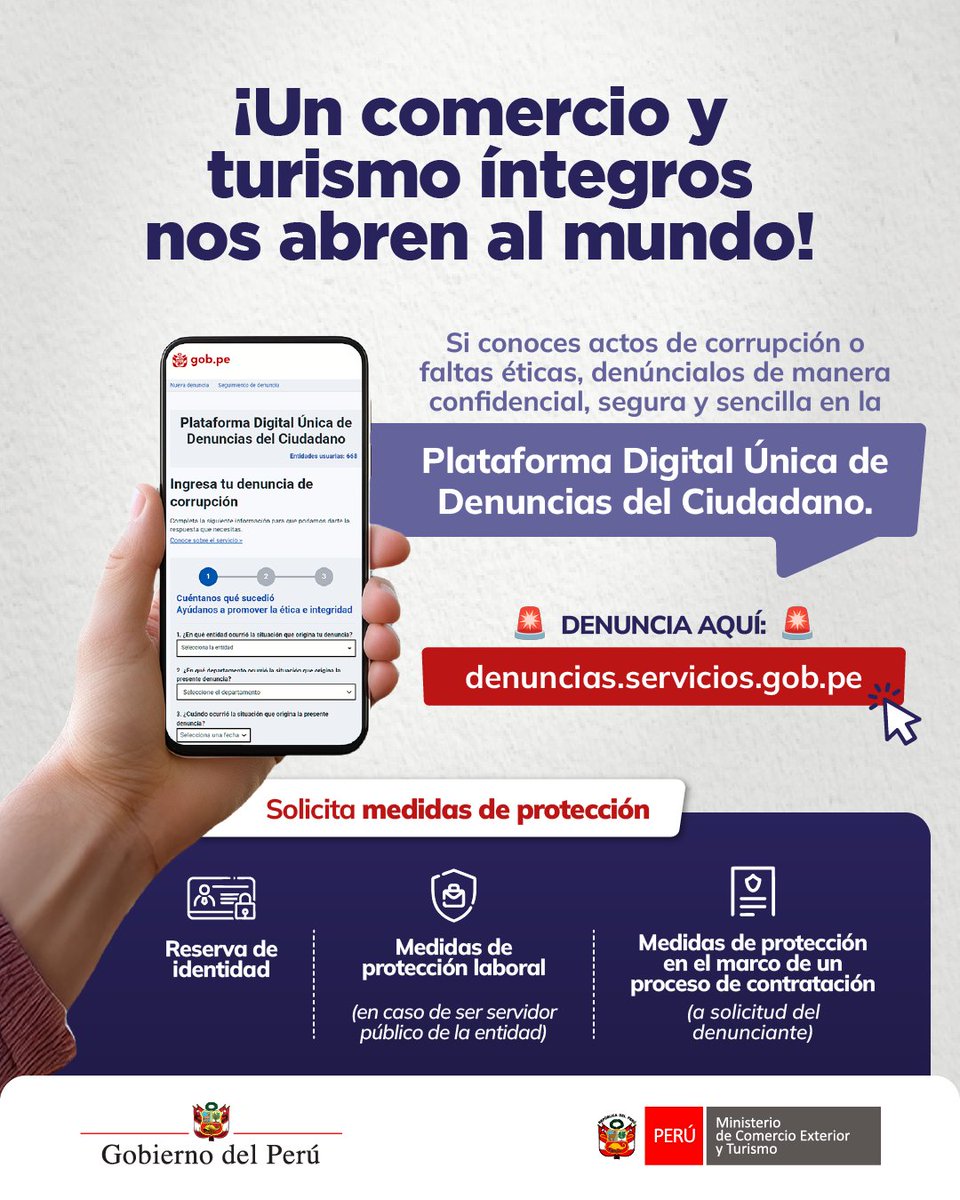 MINCETUR's tweet photo. #MinceturInforma 📣 Denuncia actos de corrupción o faltas éticas, de manera confidencial, segura y sencilla en la Plataforma Digital Única de Denuncias del Ciudadano.

👉 Denuncia aquí: https://t.co/5ICh4XMRpb https://t.co/PJ5QzhCkud