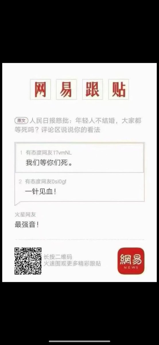 TXWG0123's tweet photo. 这截图也太绝了：
人民日报怒批年轻人不结婚，问“大家都等死吗？”
评论区第一名直接回：
我们等你们死。
第二名：一针见血！
这才是中国当代年轻人最真实的态度。
#不结婚 https://t.co/vxwaQupTCg