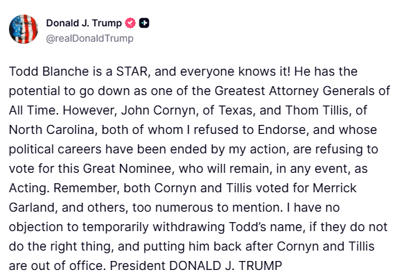 EdKrassen's tweet photo. BREAKING:  Trump seems to be conceding defeat to the Democrats in his quest to make Todd Blanche Attorney General.
https://t.co/0lyJReJ74W